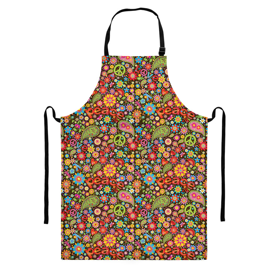 Colorful Hippie Peace Symbols Print Bib Apron With Pocket