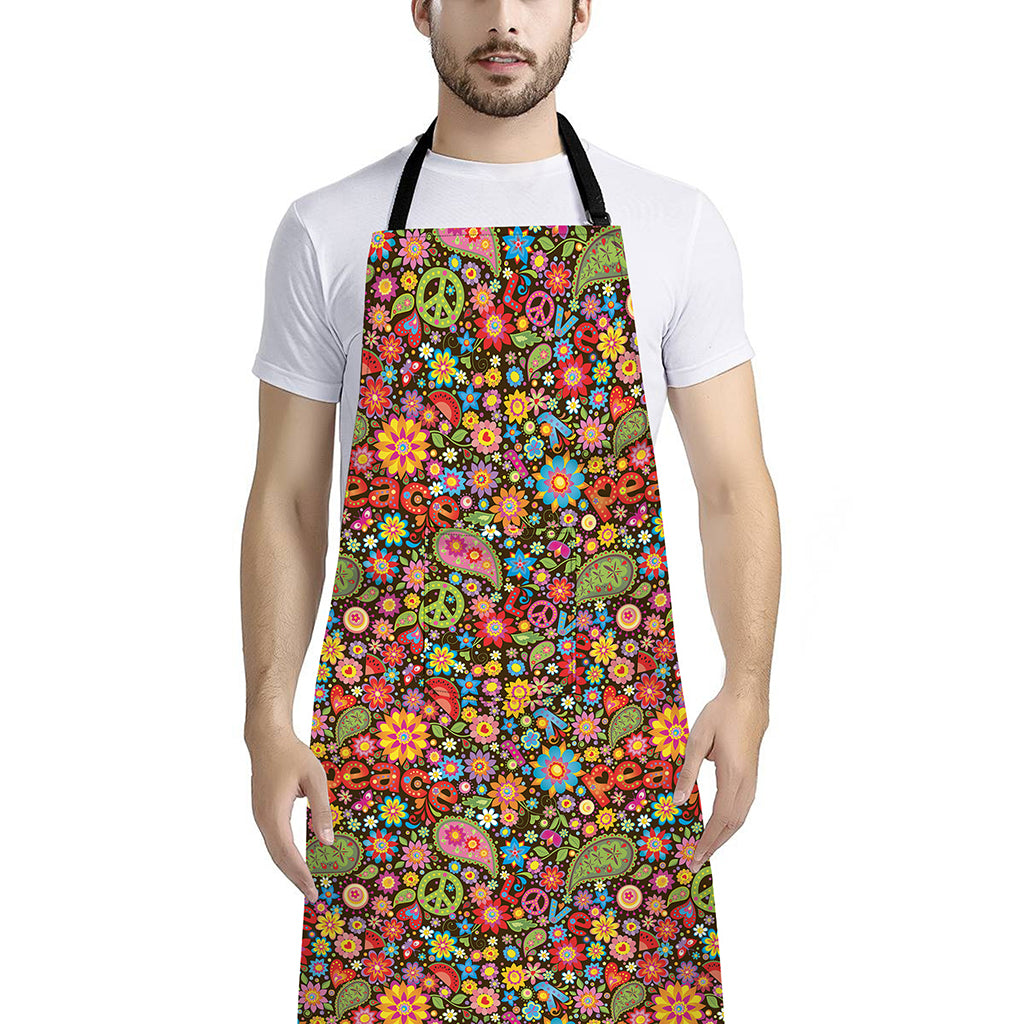 Colorful Hippie Peace Symbols Print Bib Apron With Pocket