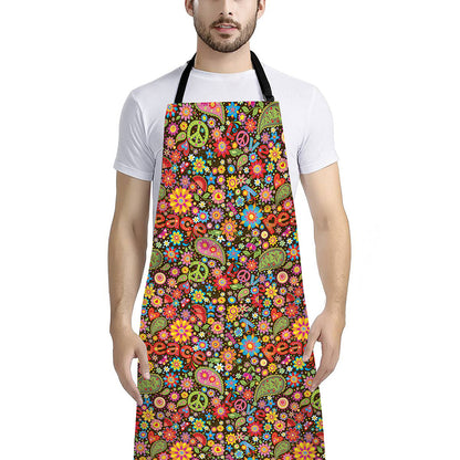 Colorful Hippie Peace Symbols Print Bib Apron With Pocket