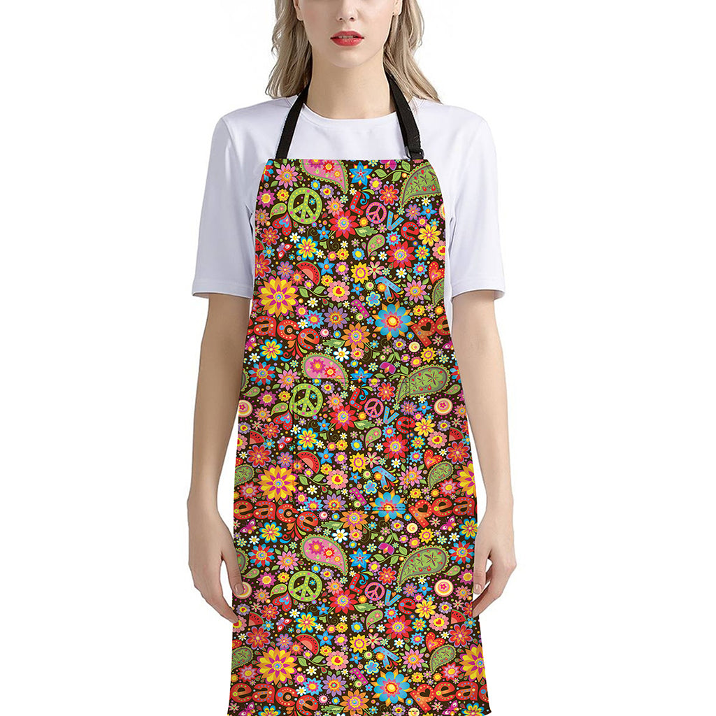 Colorful Hippie Peace Symbols Print Bib Apron With Pocket