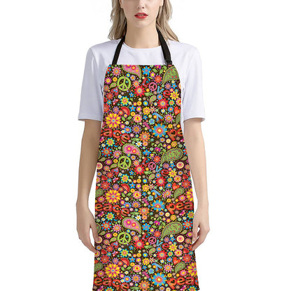 Colorful Hippie Peace Symbols Print Bib Apron With Pocket
