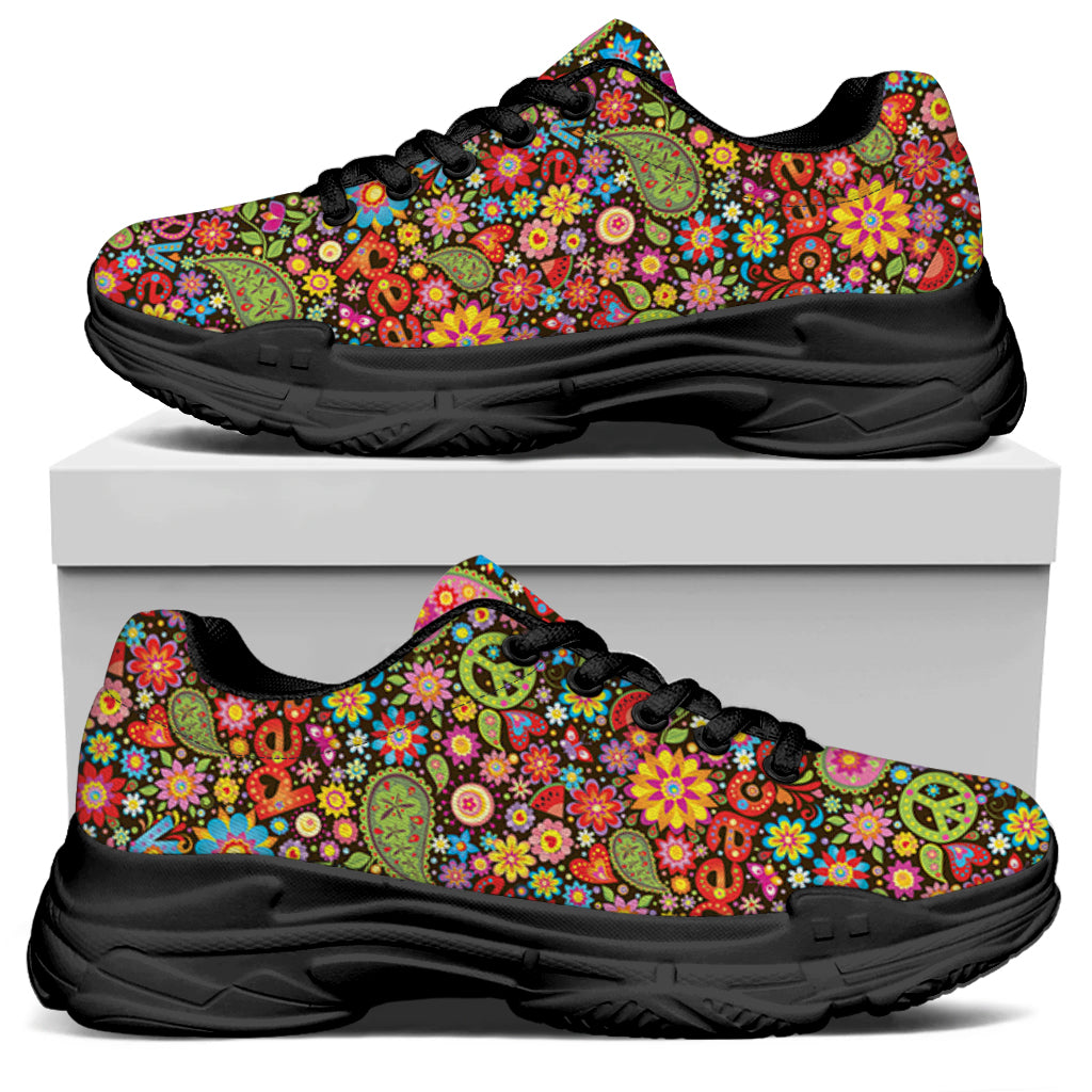 Colorful Hippie Peace Symbols Print Black Chunky Shoes