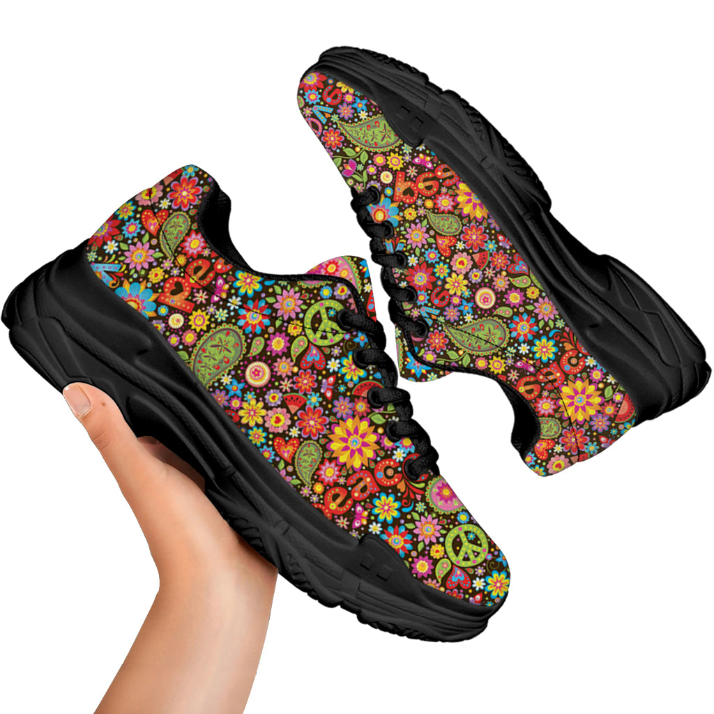 Colorful Hippie Peace Symbols Print Black Chunky Shoes