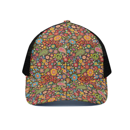 Colorful Hippie Peace Symbols Print Black Mesh Trucker Cap