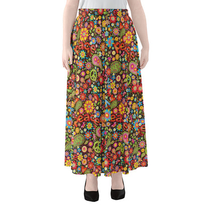 Colorful Hippie Peace Symbols Print Chiffon Maxi Skirt