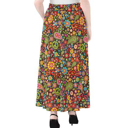 Colorful Hippie Peace Symbols Print Chiffon Maxi Skirt