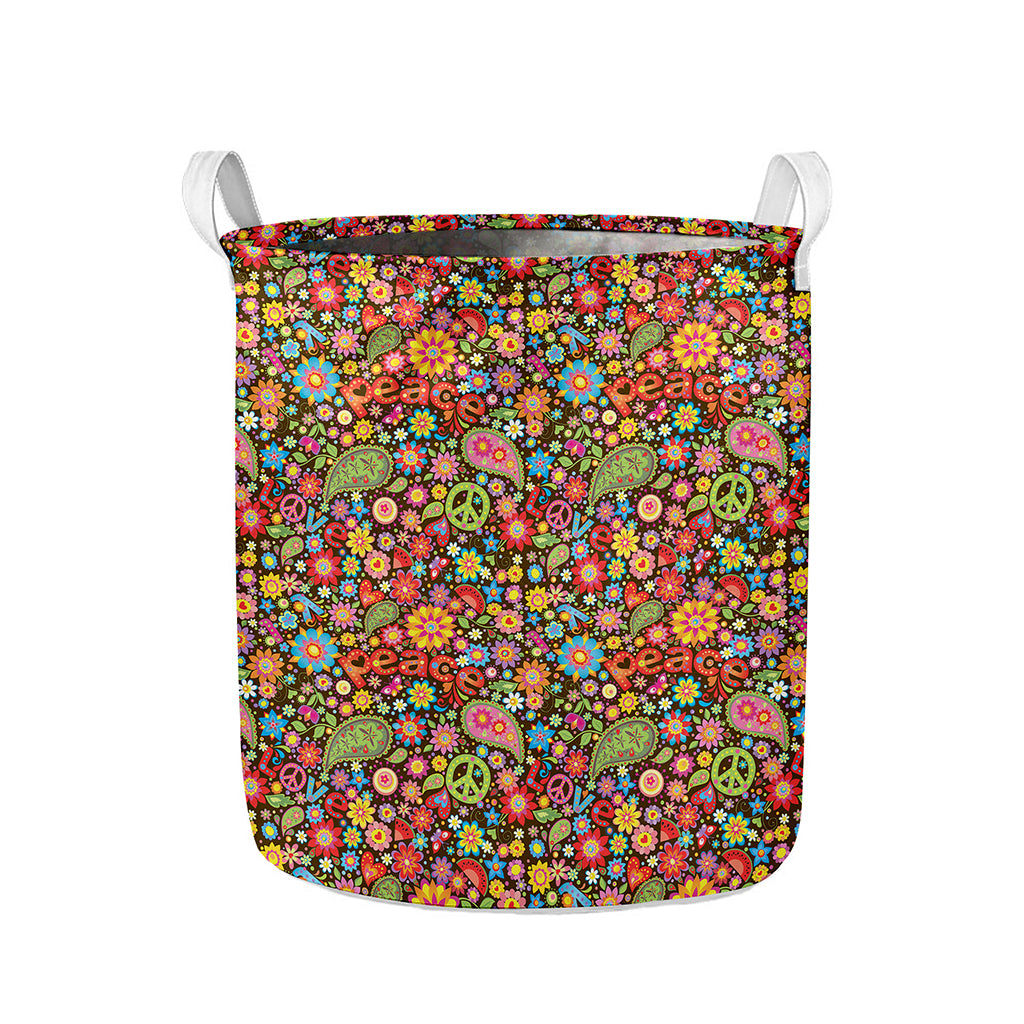 Colorful Hippie Peace Symbols Print Collapsible Laundry Basket