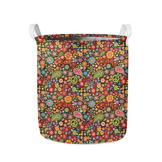 Colorful Hippie Peace Symbols Print Collapsible Laundry Basket