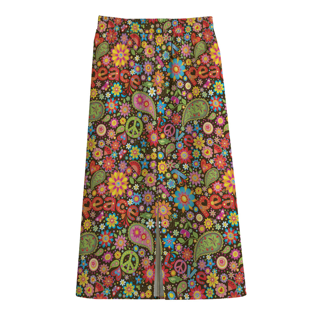 Colorful Hippie Peace Symbols Print Cotton Front Slit Maxi Skirt