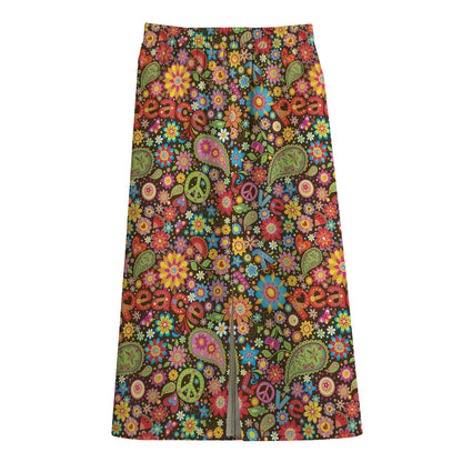 Colorful Hippie Peace Symbols Print Cotton Front Slit Maxi Skirt