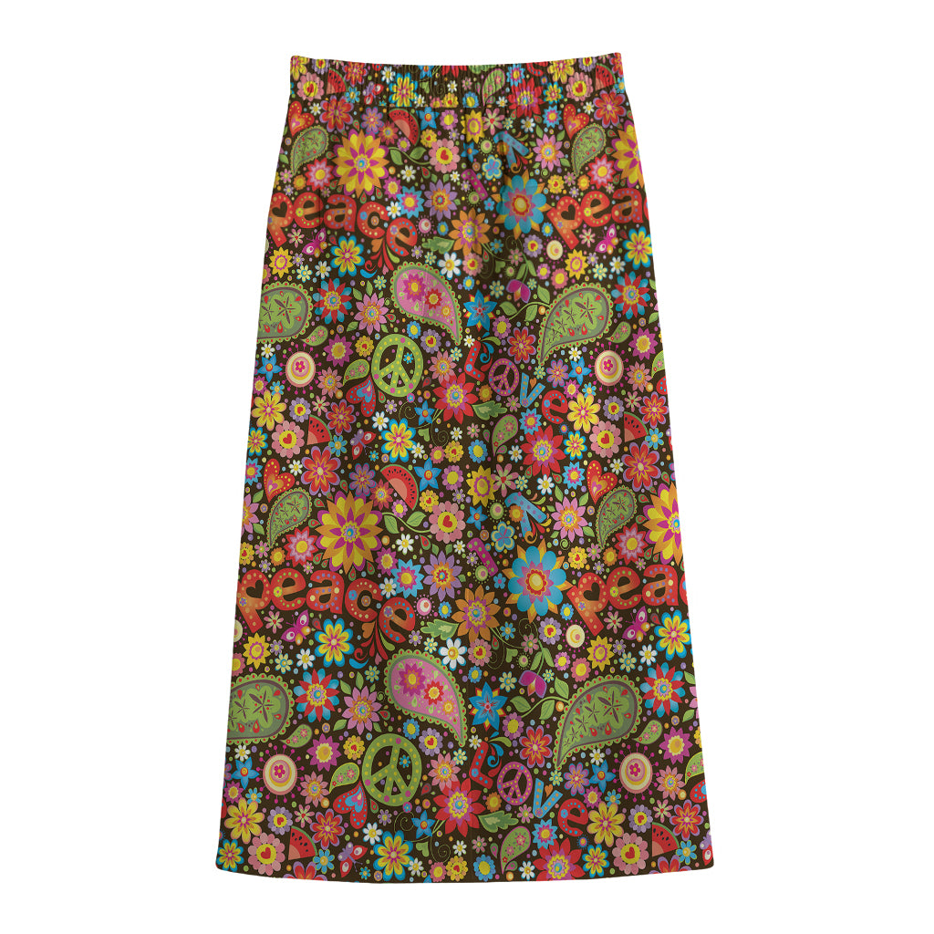 Colorful Hippie Peace Symbols Print Cotton Front Slit Maxi Skirt