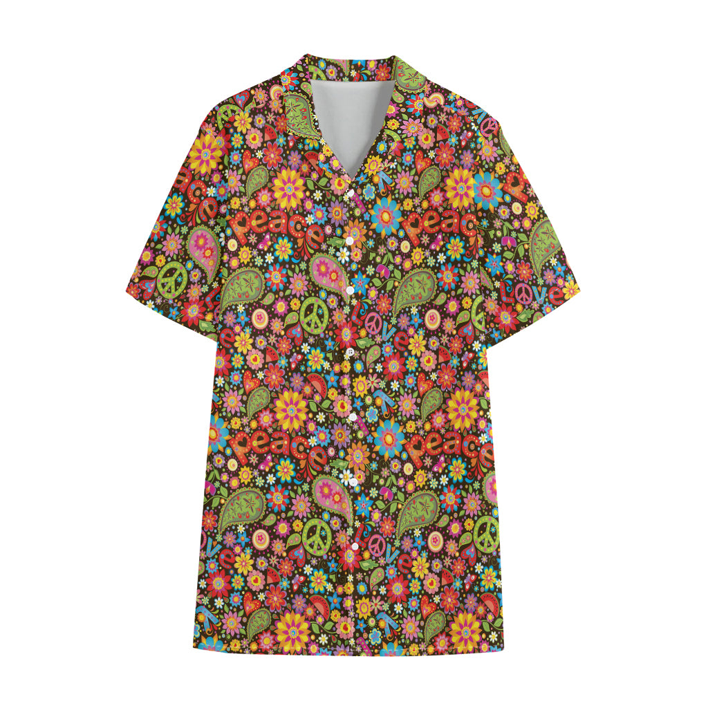 Colorful Hippie Peace Symbols Print Cotton Hawaiian Shirt