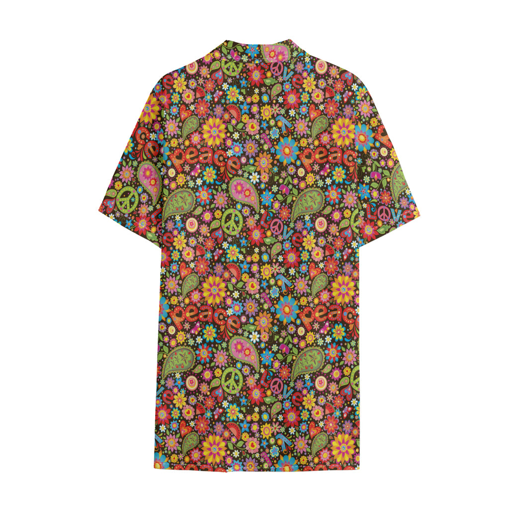 Colorful Hippie Peace Symbols Print Cotton Hawaiian Shirt