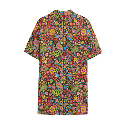 Colorful Hippie Peace Symbols Print Cotton Hawaiian Shirt