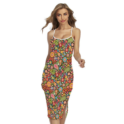 Colorful Hippie Peace Symbols Print Cross Back Cami Dress