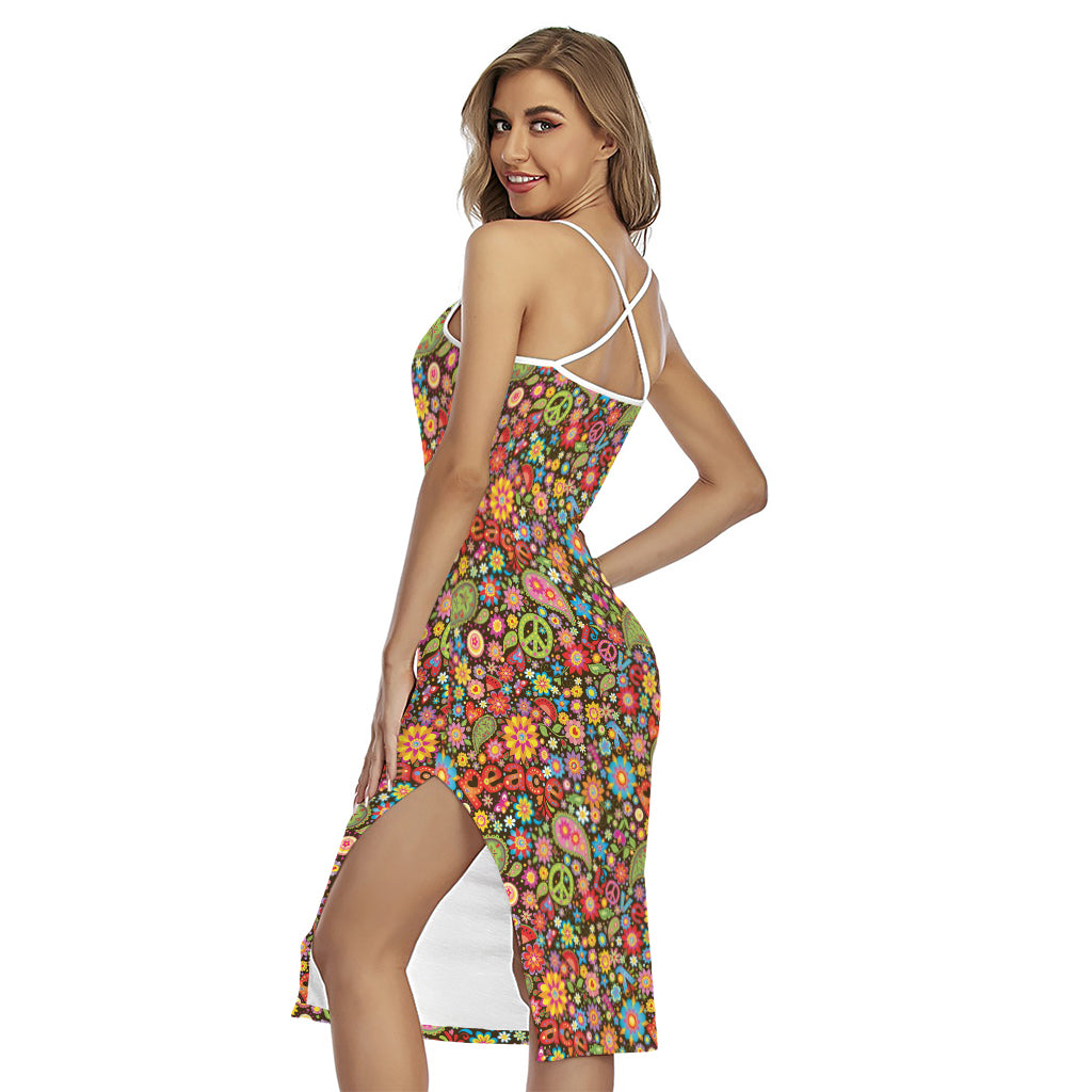 Colorful Hippie Peace Symbols Print Cross Back Cami Dress