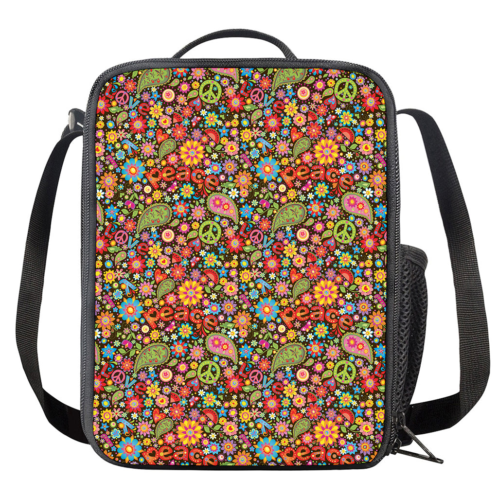 Colorful Hippie Peace Symbols Print Crossbody Lunch Bag