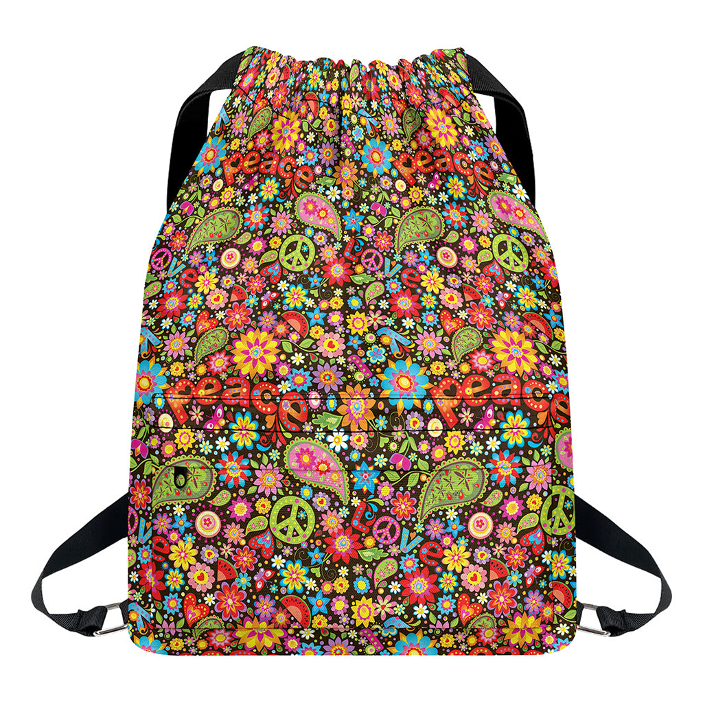 Colorful Hippie Peace Symbols Print Drawstring Backpack