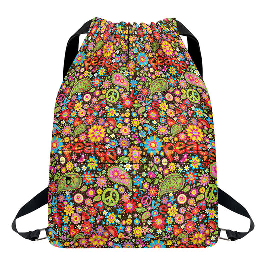 Colorful Hippie Peace Symbols Print Drawstring Backpack