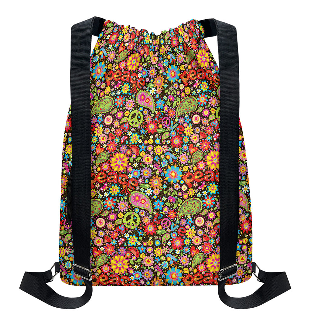Colorful Hippie Peace Symbols Print Drawstring Backpack