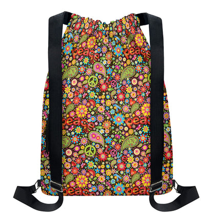 Colorful Hippie Peace Symbols Print Drawstring Backpack
