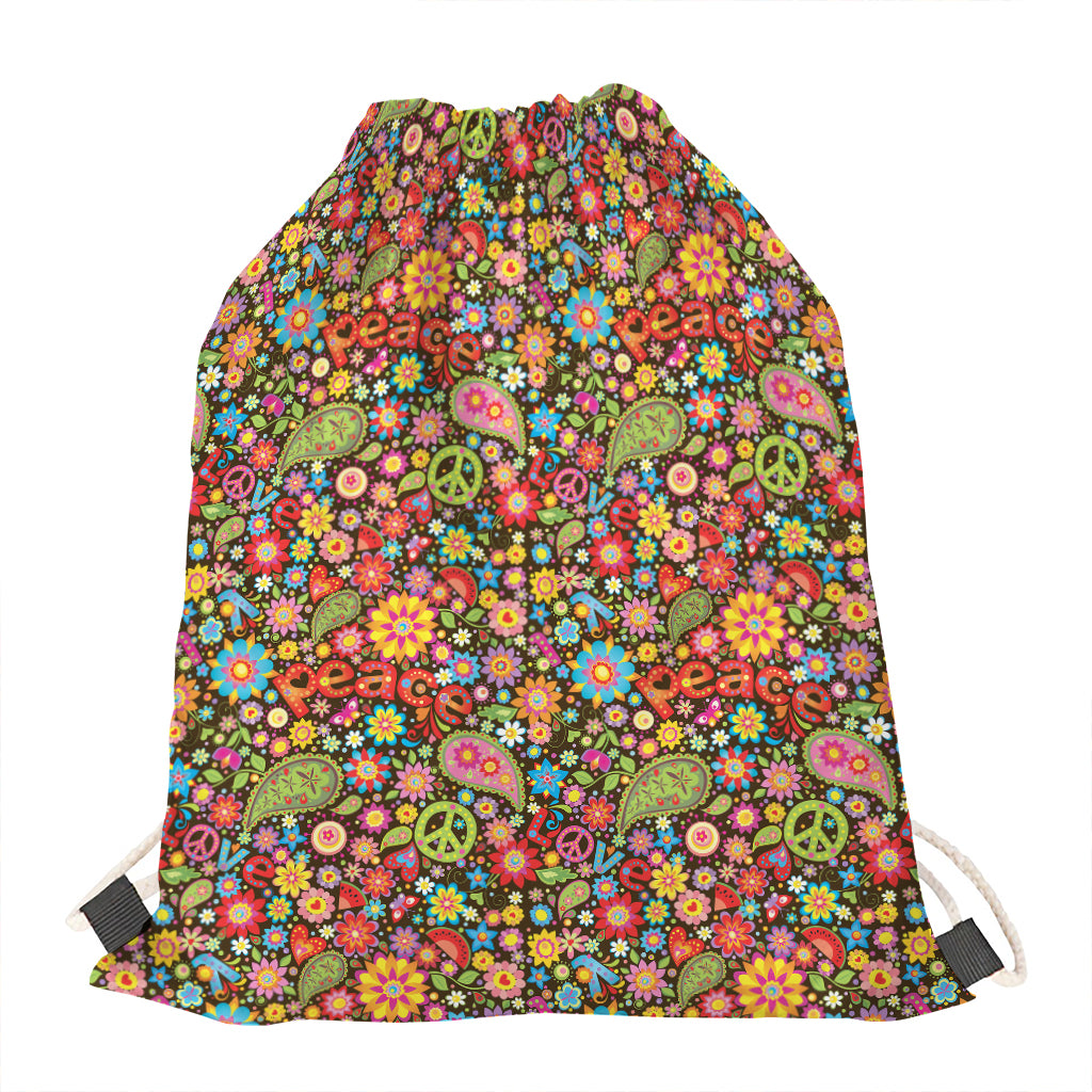 Colorful Hippie Peace Symbols Print Drawstring Bag