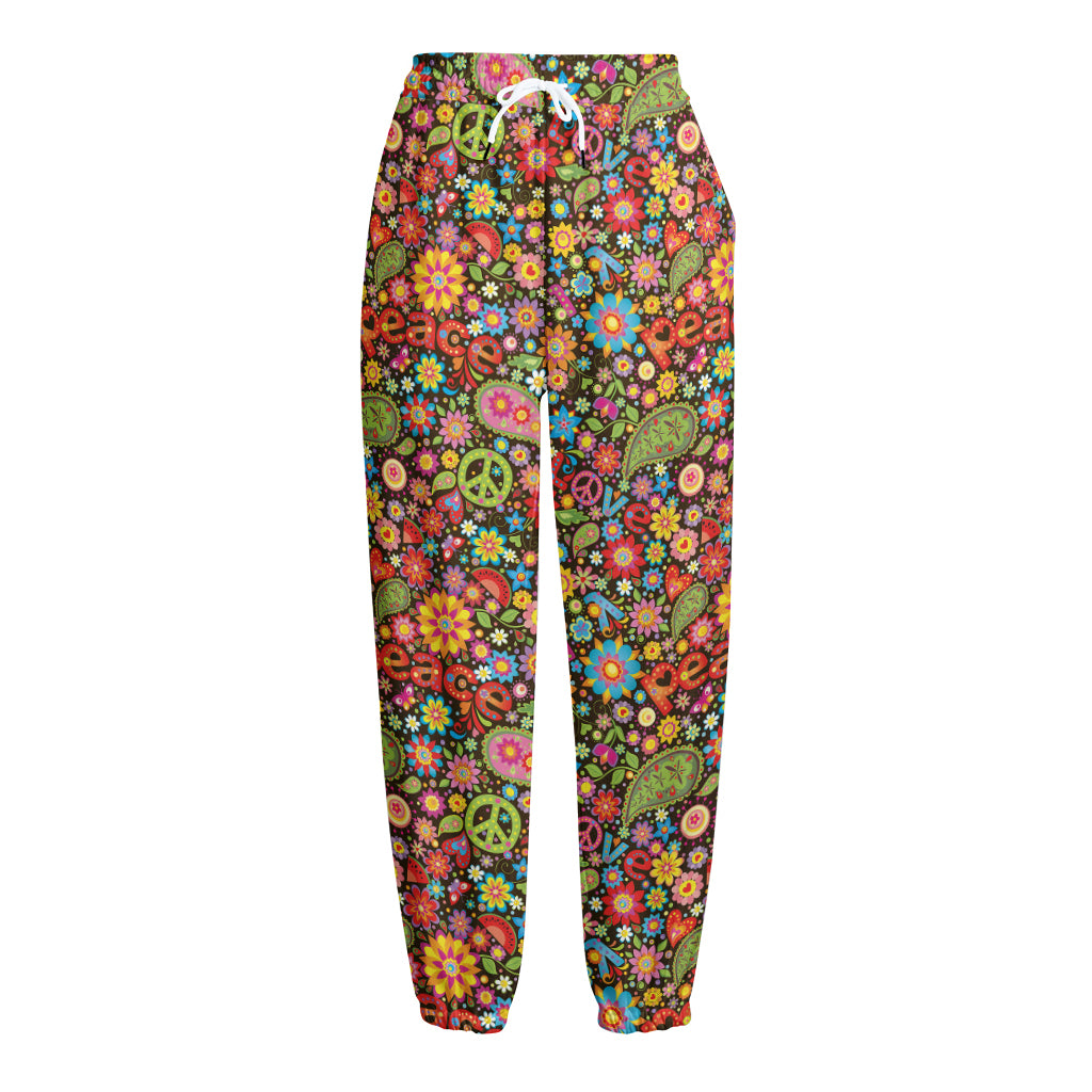 Colorful Hippie Peace Symbols Print Fleece Lined Knit Pants