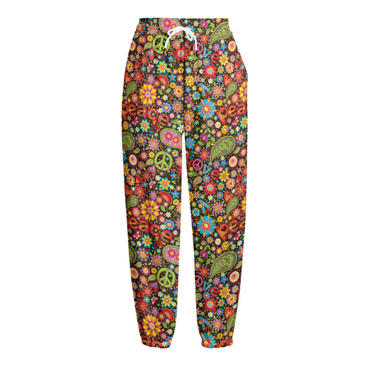 Colorful Hippie Peace Symbols Print Fleece Lined Knit Pants