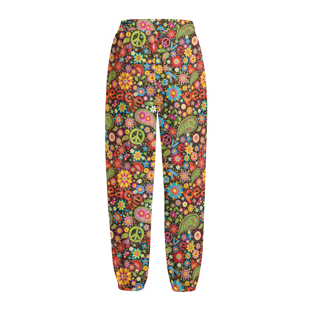 Colorful Hippie Peace Symbols Print Fleece Lined Knit Pants