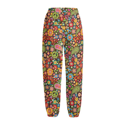 Colorful Hippie Peace Symbols Print Fleece Lined Knit Pants