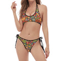 Colorful Hippie Peace Symbols Print Halter Scoop Tie Side Bikini