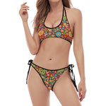Colorful Hippie Peace Symbols Print Halter Scoop Tie Side Bikini