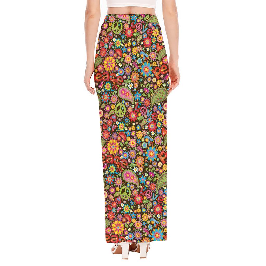 Colorful Hippie Peace Symbols Print High Slit Maxi Skirt