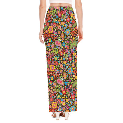 Colorful Hippie Peace Symbols Print High Slit Maxi Skirt