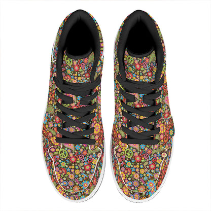 Colorful Hippie Peace Symbols Print High Top Leather Sneakers