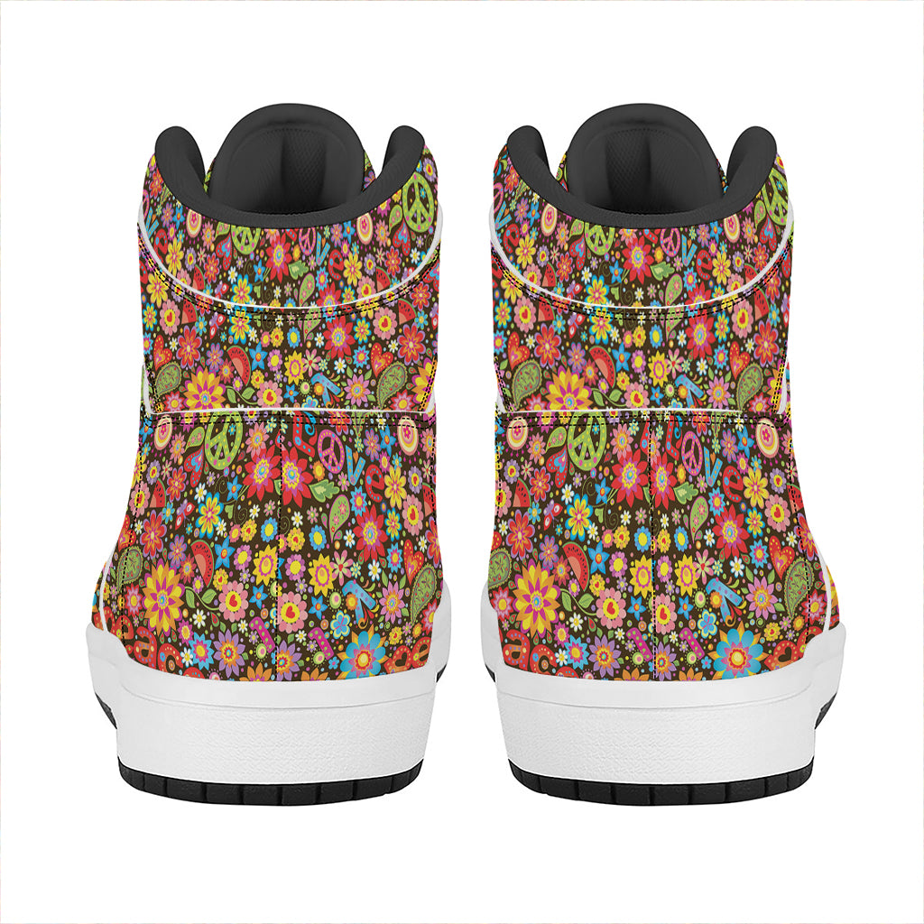 Colorful Hippie Peace Symbols Print High Top Leather Sneakers