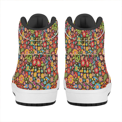Colorful Hippie Peace Symbols Print High Top Leather Sneakers