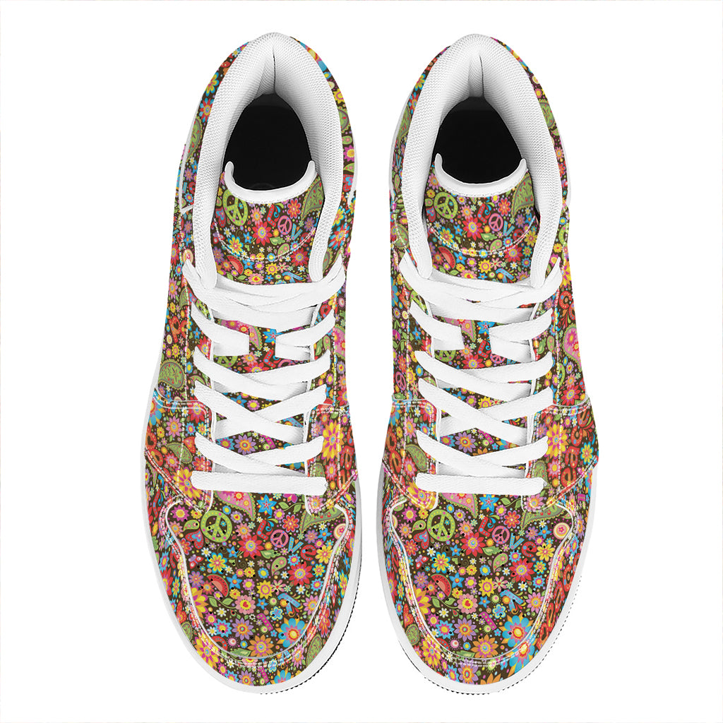 Colorful Hippie Peace Symbols Print High Top Leather Sneakers