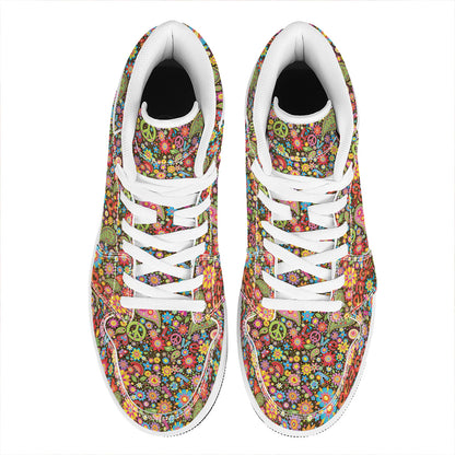 Colorful Hippie Peace Symbols Print High Top Leather Sneakers