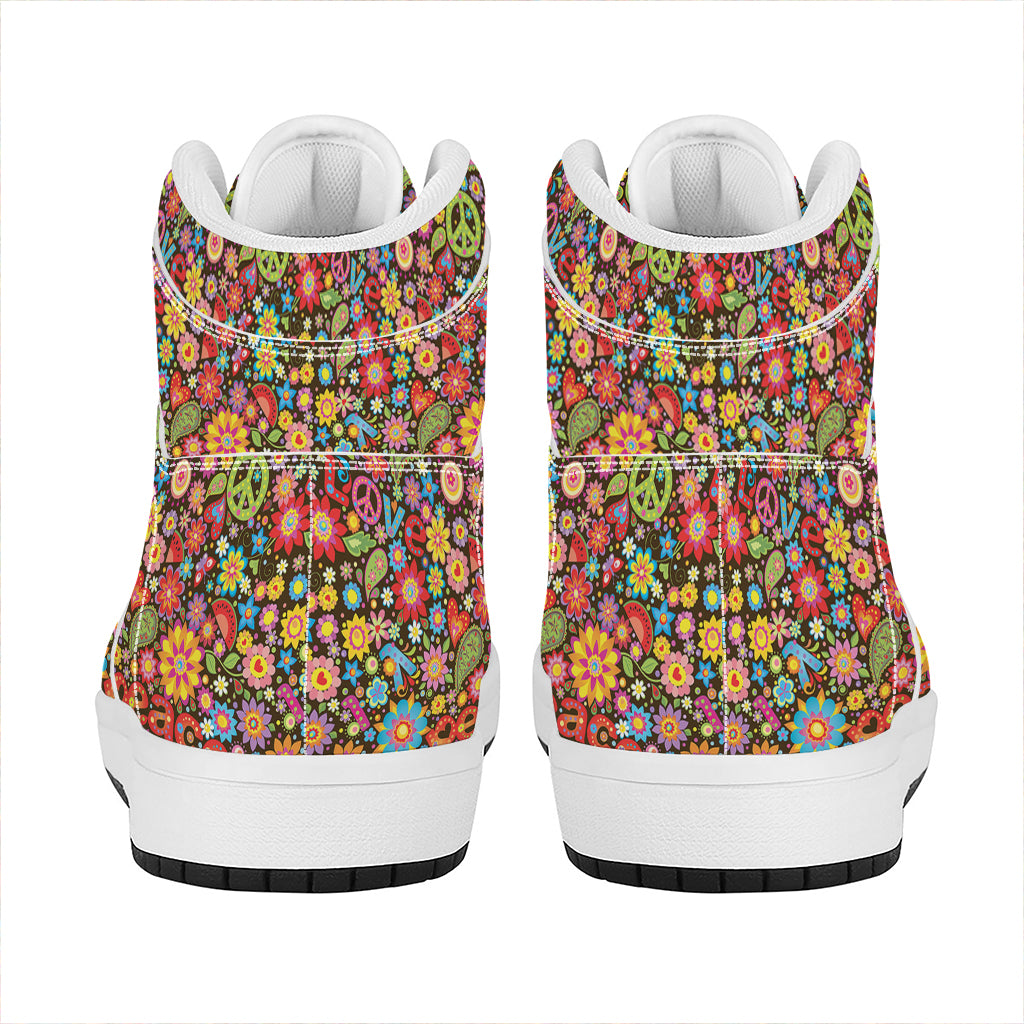 Colorful Hippie Peace Symbols Print High Top Leather Sneakers