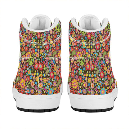 Colorful Hippie Peace Symbols Print High Top Leather Sneakers