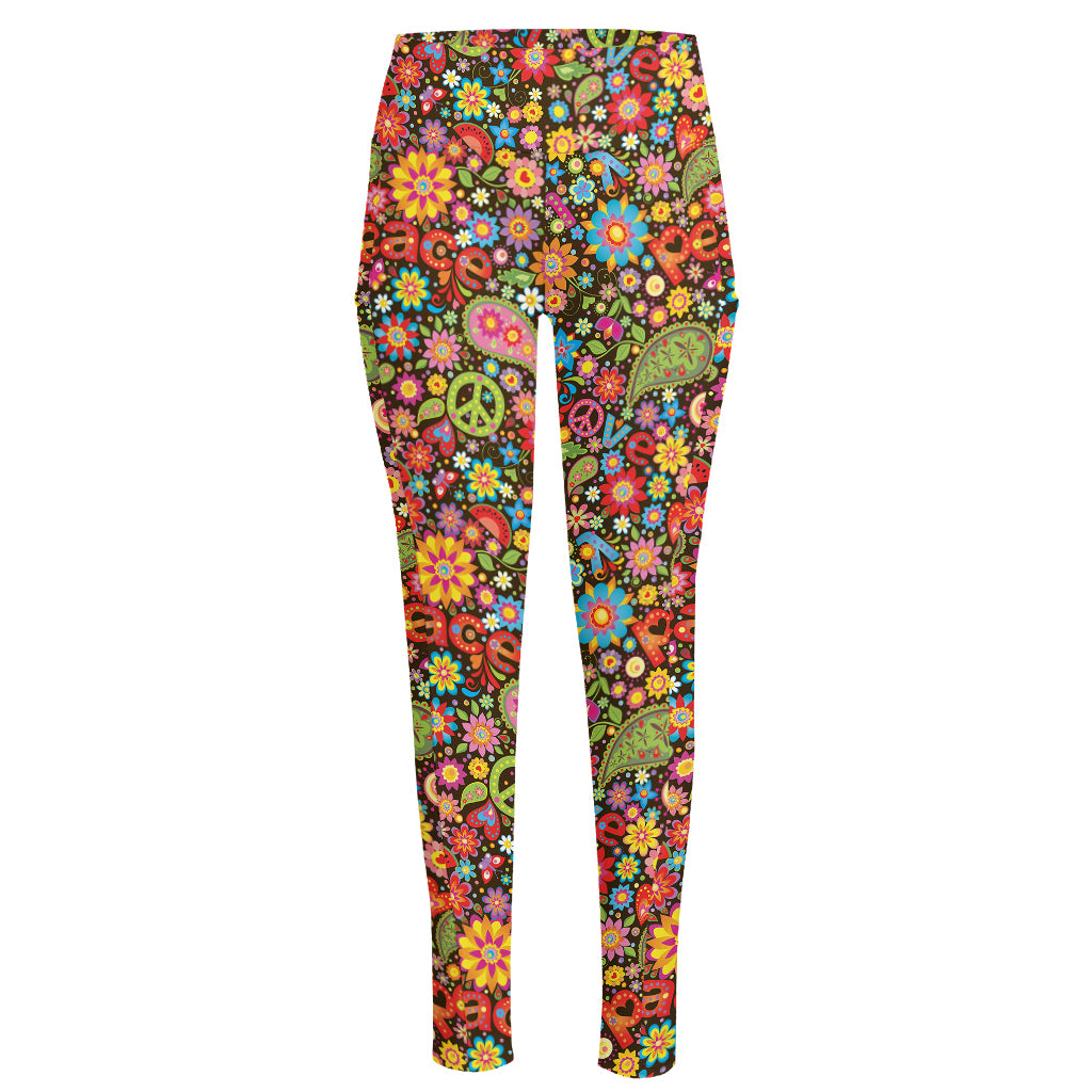 Colorful Hippie Peace Symbols Print High-Waisted Pocket Leggings