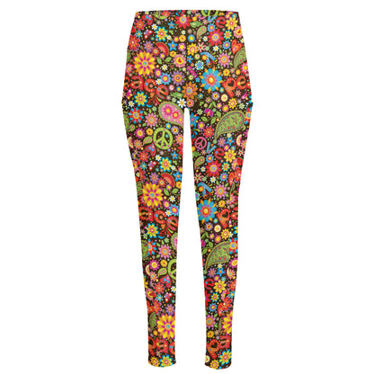 Colorful Hippie Peace Symbols Print High-Waisted Pocket Leggings