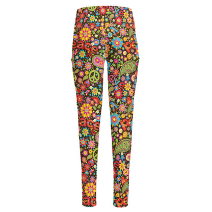 Colorful Hippie Peace Symbols Print High-Waisted Pocket Leggings