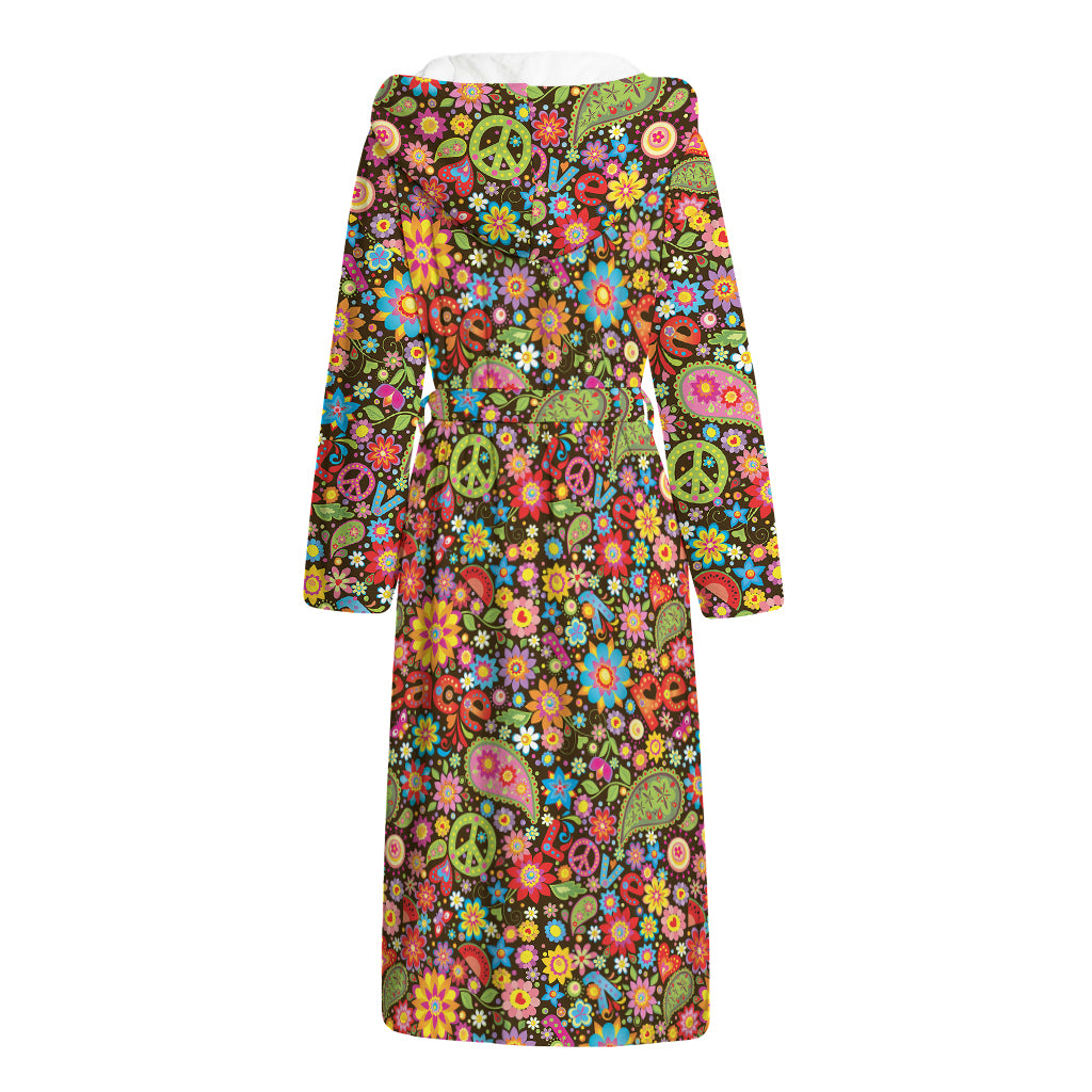 Colorful Hippie Peace Symbols Print Hooded Bathrobe