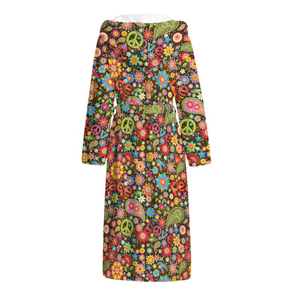 Colorful Hippie Peace Symbols Print Hooded Bathrobe