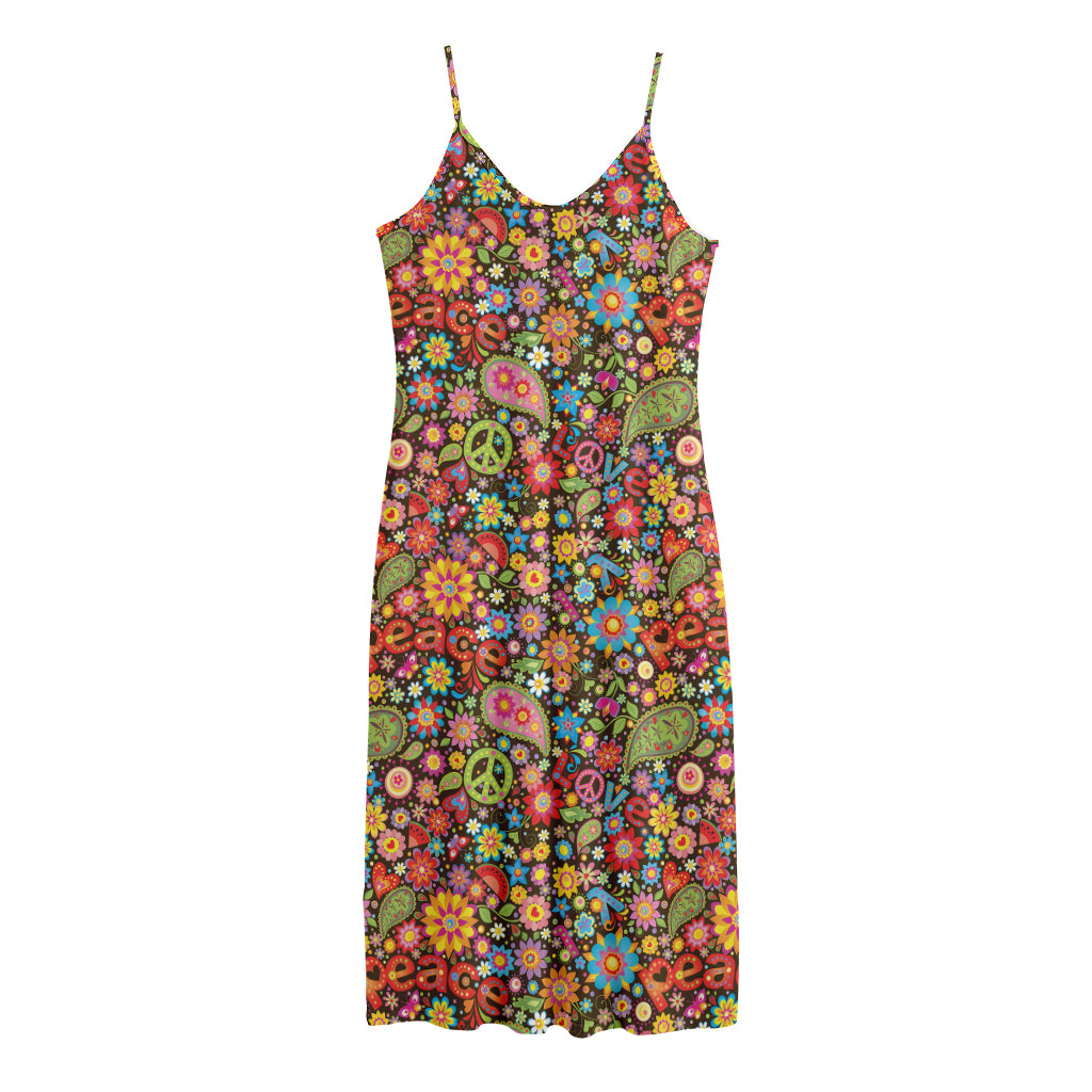 Colorful Hippie Peace Symbols Print Jersey Midi Cami Dress