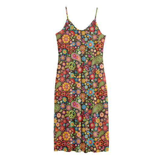 Colorful Hippie Peace Symbols Print Jersey Midi Cami Dress