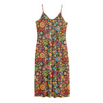 Colorful Hippie Peace Symbols Print Jersey Midi Cami Dress