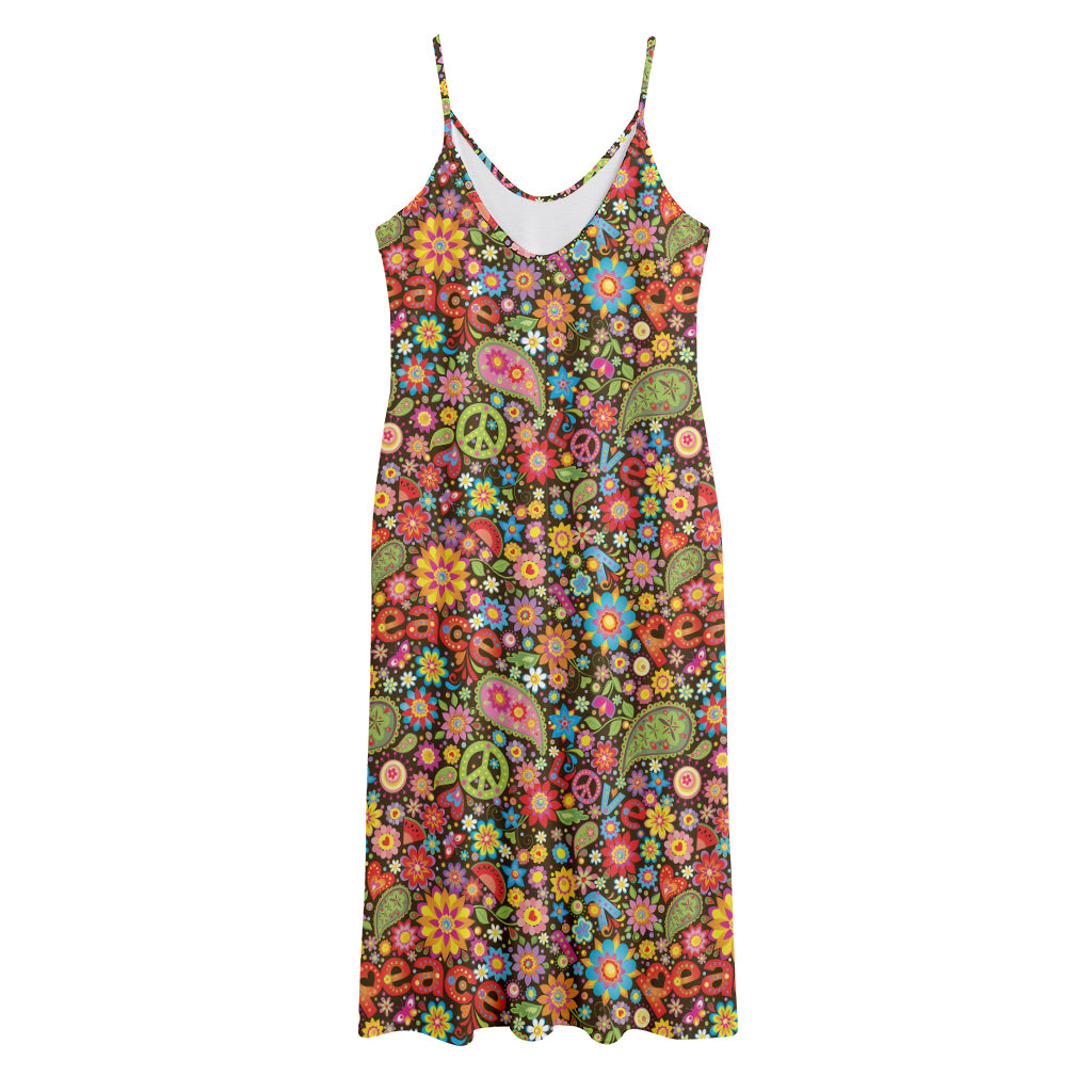 Colorful Hippie Peace Symbols Print Jersey Midi Cami Dress